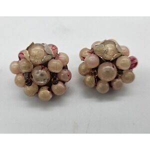 Vintage Cluster Bead Clip On Earrings Gold Tone Pink Blush Floral - HONG KONG